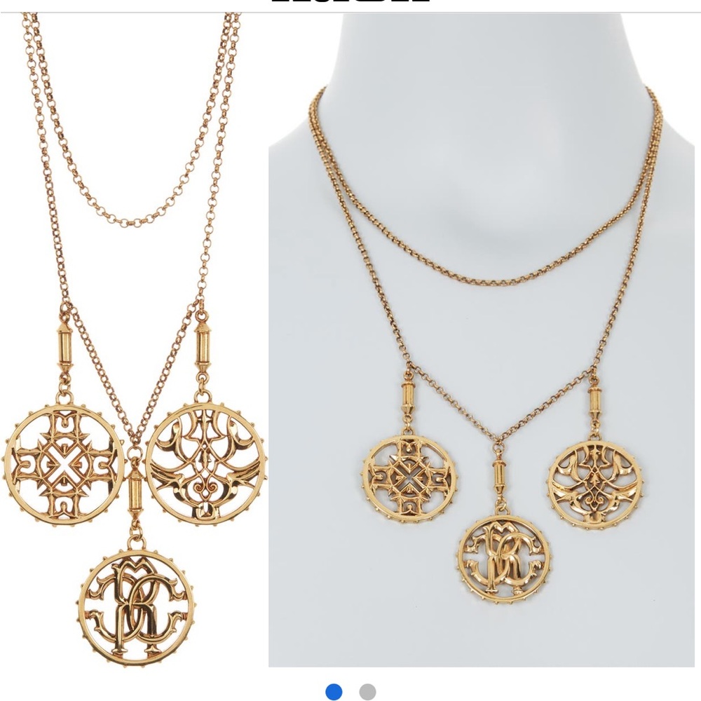 Robert Cavalli NWOT Triple logo medallion layered necklace - Picture 2 of 6